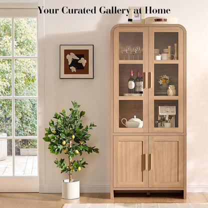 77" Tall Kitchen Pantry Cabinet,Thickened Panel,Oak,1Pcs | Wooden Curved Storage Cabinets with Adjustable Shelf, Cupboard with Glass Door for Dining Room, Living Room, Bathroom