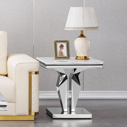 Modern Marble End Table, Sqaure Sofa Side Table with Silver Mirrored Stainless Steel Base Luxury White Faux Marble Accent End Table Bedside Table Nightstand for Living Room Bedroom