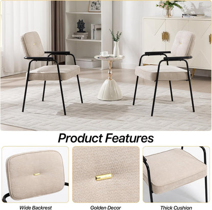HENGJIANYI Accent Chair Dining Chair Set of 2, Chenille Upholstered Armchair Reading Side Chair, Comfy Living Room Chair with Black Metal Legs for Bedroom Waiting Room, Beige