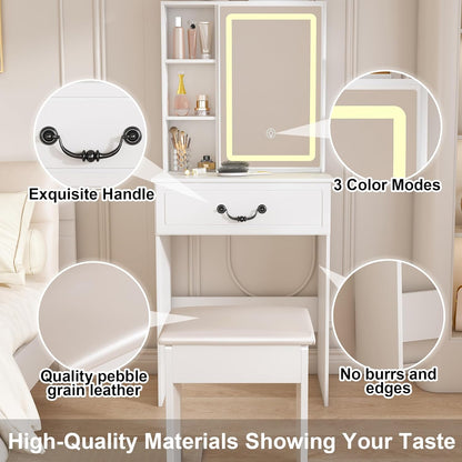 Small Makeup Vanity Desk with Mirror and Lights, Vanity Table Set with Storage Drawer & Open Shelves, 3 Lighting Colors, Adjustable Brightness Mini Makeup Vanity with Stool