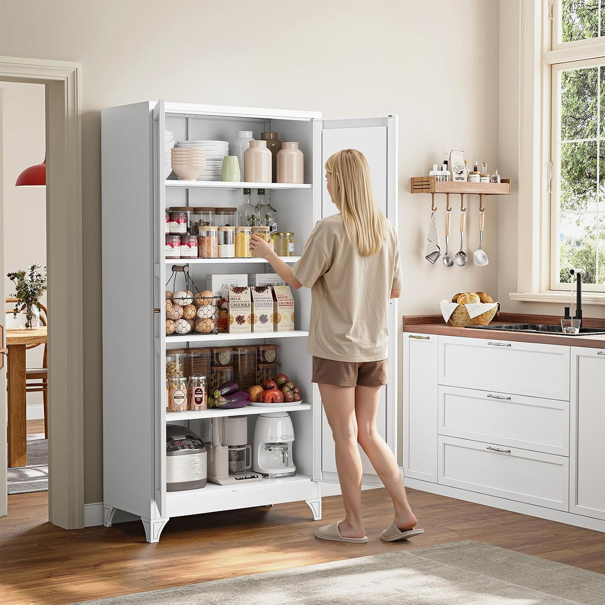 Yizosh Metal Storage Cabinet Kitchen Pantry Cabinet 4 Adjustable Shelves Kitchen Pantry Cabinet for Livingroom Pantry Bathroom Kitchen 75.6" H x 35.4" W x 17.7" D White
