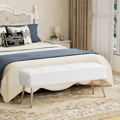 Furnimart Upholstered Tufted White Bench Ottoman with Padded Seat, Footrest Foot Stool with Sturdy Metal Leg, White Leather Bench for Bedroom Living Room Entryway