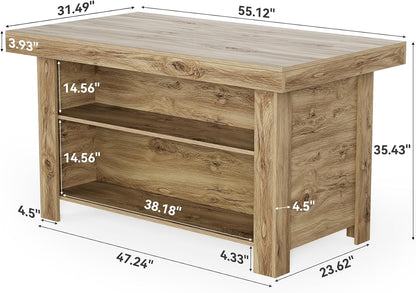 LITTLE TREE 55 Inches Kitchen Island with Storage, 3-Tier Farmhouse Wooden Stationary Island Table with Large Worktop & Leg Room, Modern Coffee Bar Table with Storage Shelf for Kitchen, Oak