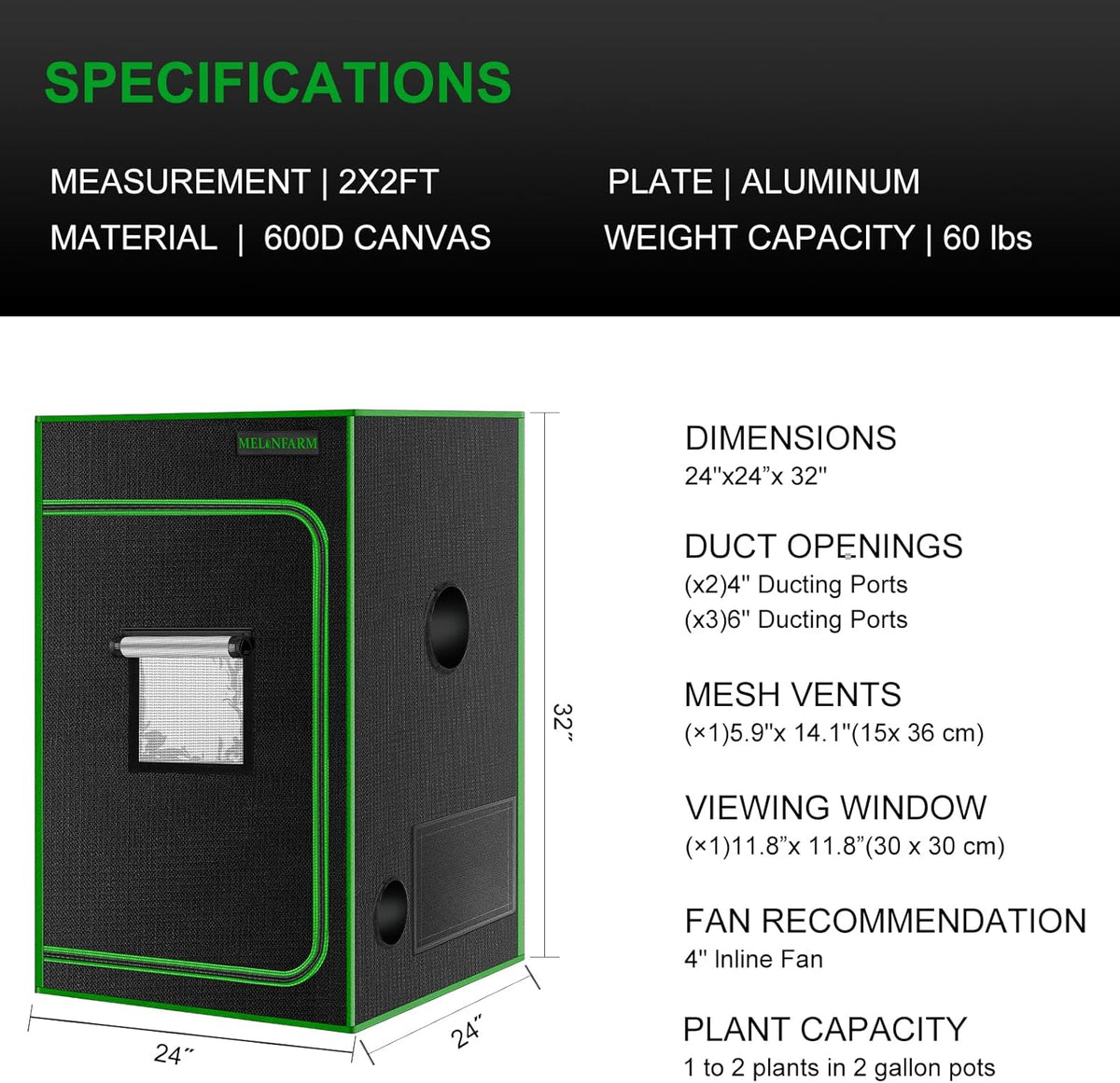 MELONFARM 2x2 Grow Tent, 24"x24"x36'' High Reflective 600D Diamond Mylar Canvas with Observation Window and Floor Tray for Hydroponic Indoor Plant Growing