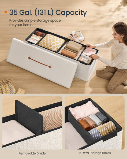 SONGMICS Large Folding Storage Ottoman Bench, 15 x 43 x 15 Inches | Foot Rest Stool, Load up to 660 lb, Cappuccino White and Ink Black, MINOTA Collection ULSF097W01
