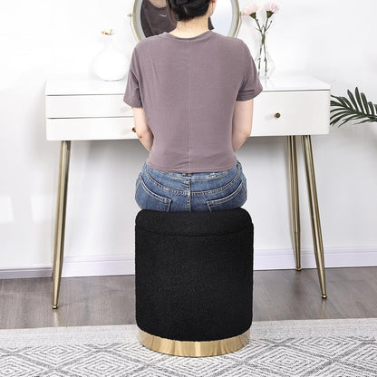 Joveco Boucle Round Ottoman with Storage,Vanity Stool with Storage for Bedroom, Ottoman Coffee Table,Small Boucle Foot Stool for Living Room, Black with Gold Plating