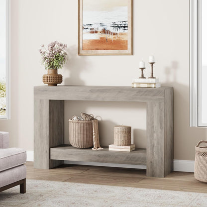 Garvee 47" Farmhouse 2-Tier Console Table for Entryway, Grey | Sofa Table with Storage, Sturdy U-Shaped Base, Long Entryway Table for Living Room, Easy Assembly