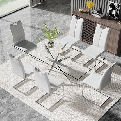 Modern 63 Inch Glass Dining Table Set for 6, 7 PCS Kitchen Table Set, Clear Tempered Glass Dinner Table with Silver Chrome Legs & Gray Upholstered PU Faux Leather Dining Chairs for Home, Dining Room