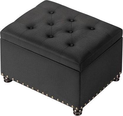 24" Storage Ottoman, Fabric Ottoman Foot Rest Stool with Hinged Lid, Tufted Rectangle Upholstered Footstool, Load Up to 350 lb, for Living Room, Bedroom, Dorm, Black