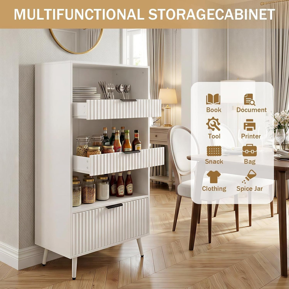 51" Tall Modern White Storage Cabinet, Freestanding Kitchen Pantry Cabinet, Buffet Sideboard Hutch, Snack Linen Cabinet for Kitchen, Dining Room,Bathroom, Office
