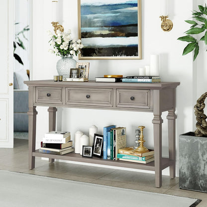 Knocbel 50" Retro Style Console Table Solid Wood Frame Sofa Table with Bottom Open Shelves and 3 Top Storage Drawers Entryway Table for Living Room, Coffee Bar, Hallway, Front Hall
