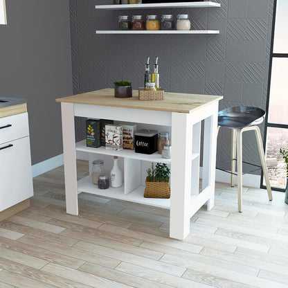 Kitchen Island Dozza with Three Shelves in White and Light Oak | Three storage shelves with dimensions for kitchen organization