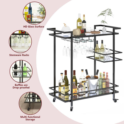 RiteSune Black Bar Carts for The Home, Wine Cart with Wheels | 3 Tier Home Serving Bar Cart Drink Cart with Mirror Shelves for Living Room, Party (28.5" D x 15" W x 32" H)