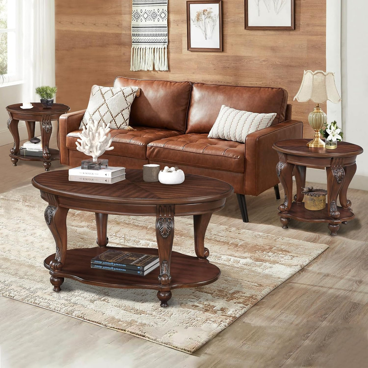 Wood Coffee Table Set for Living Room Round End Tables Set of 2, Antique Coffe Table Legs with Elegant Carvings, Cherry