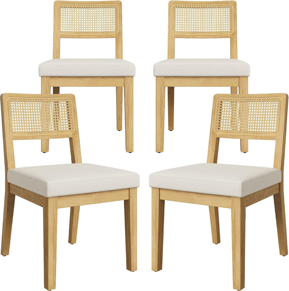 Garvee Rattan Dining Chairs Set of 4, French Country Upholstered Dining Chairs Wood Frame, Rattan Backrest, Armless Chair for Kitchen Restaurant Dining Room Bedroom, Linen, Natural