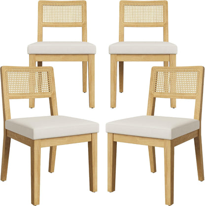 Garvee Rattan Dining Chairs Set of 4, French Country Upholstered Dining Chairs Wood Frame, Rattan Backrest, Armless Chair for Kitchen Restaurant Dining Room Bedroom, Linen, Natural
