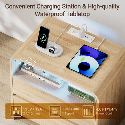 23"W 2 Drawer Nightstand with Charging Station and RGB LED Light | Curved Profile, Natural Oak, Handleless, Bedroom, FSC-Certified Wood, Modern, Open Shelf, Night Stand, End Table