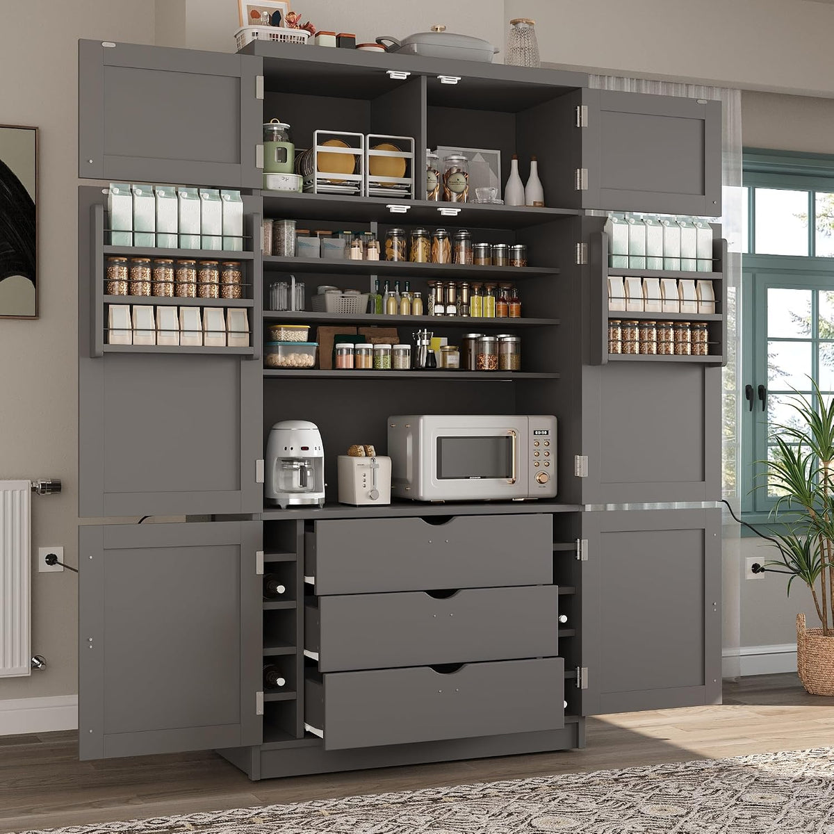 Large Kitchen Pantry Storage Cabinet, Freestanding Cupboard with 2 Power Outlets, Adjustable Shelves and Door Shelves, Tall Storage Cabinet for Kitchen, Dinning Room, Living Room (Grey)