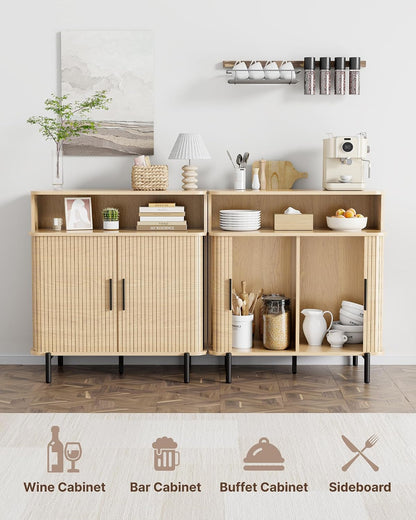 SUNCOZE Buffet Sideboard Cabinet with Big Storage Space, Fluted Coffee Bar Cabinet with Shelves, Modern Wood Console Cabinet for Kitchen, Entryway & Living Room (Wood)