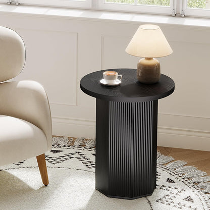 Tribesigns Round End Table, Farmhouse Pedestal Side Table, Fluted Wooden Nightstand Drink Stand for Living Room, Bedroom (1, Black)