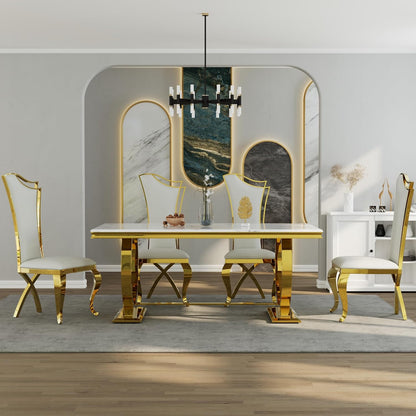 ACEDÉCOR 7 Piece Dining Table Set, Luxury White and Gold Kitchen and Dining Room Set for 6, Metal Circling Base Dining Table Set with White Leather Upholstered Dining Chairs