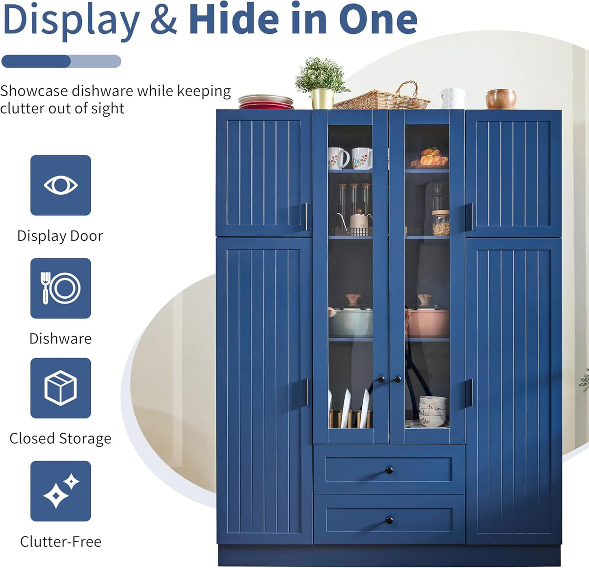 VilroCaz Wood Large Kitchen Pantry with 6 Doors, 53.2''Lx17.7''W Storage Cabinet Cupboard with Drawers, Adjustable Shelves, Pull-Out Trays and Wine Rack for Dining Room (Blue-4.19)