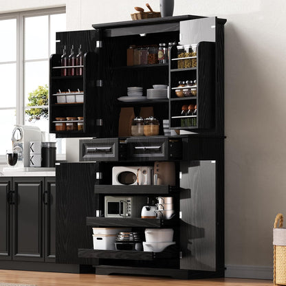 Tall Kitchen Pantry with 3 Pull Out Storage Organizers,Farmhouse Embossed Texture Storage Pantry with 6 Door Shelves,Freestanding Cupboard for Kitchen,Dining Room (Black-PC)