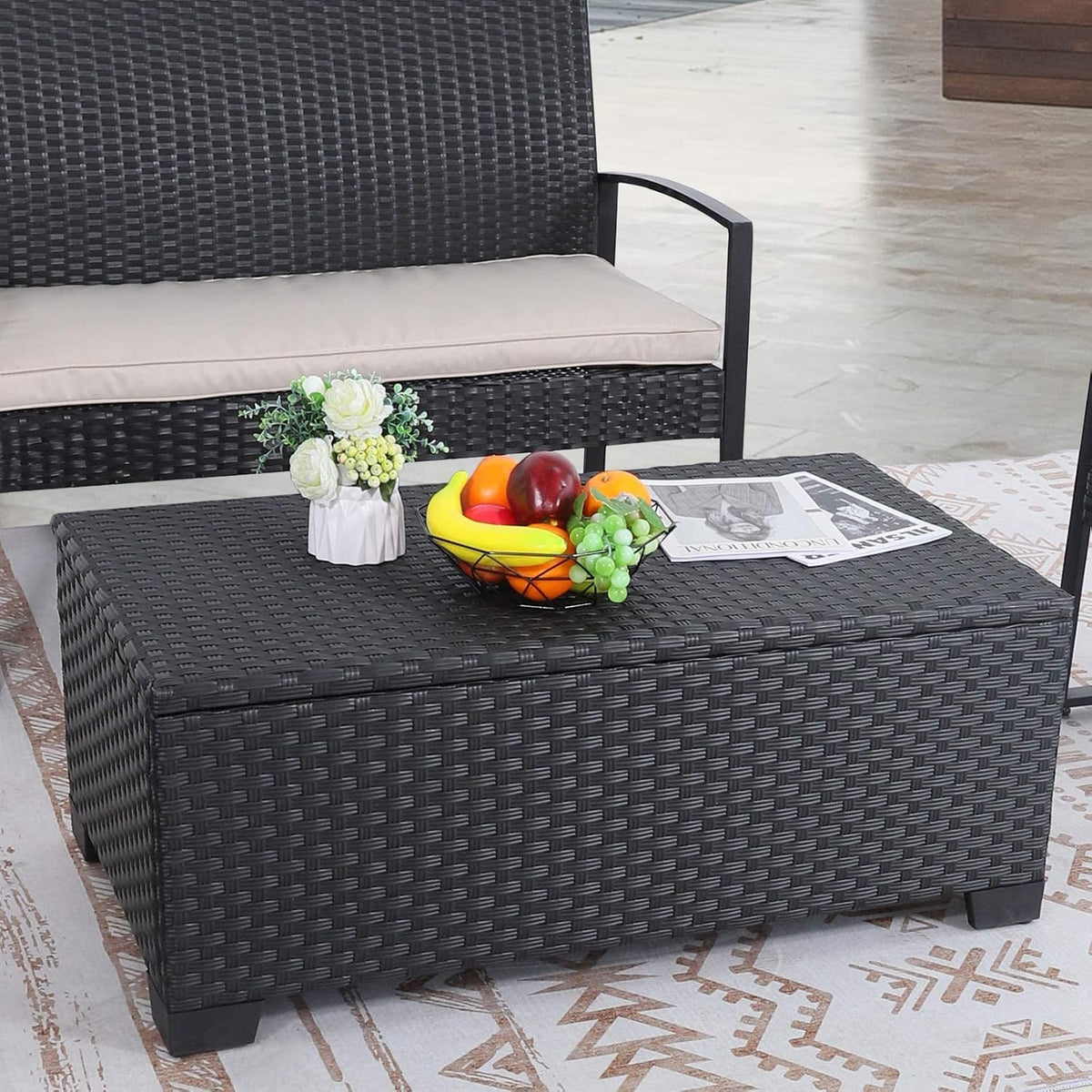Rattaner Patio Coffee Table with Storage Wicker Outdoor Coffee Table and All-Weather Wicker Side Table with Waterproof Cover, Black