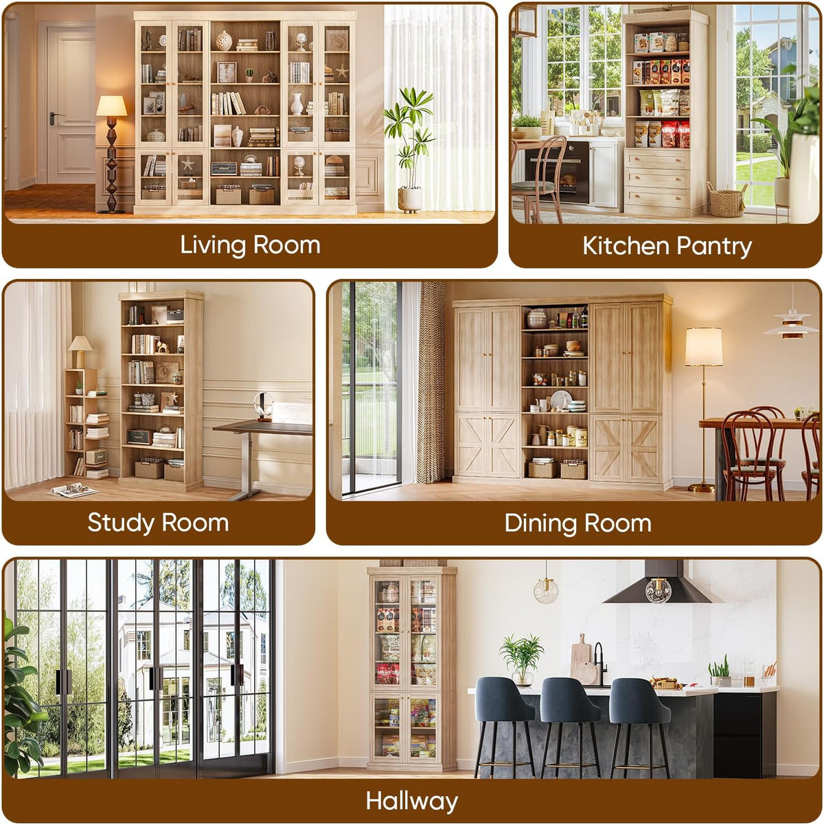 70.8" Tall Kitchen Pantry Cabinet with Doors, Farmhouse Modular Storage Cabinet with 4-Tier Adjustable Shelves, Large Storage Cabinet for Kitchen or Living Room, Set of 3, Brown