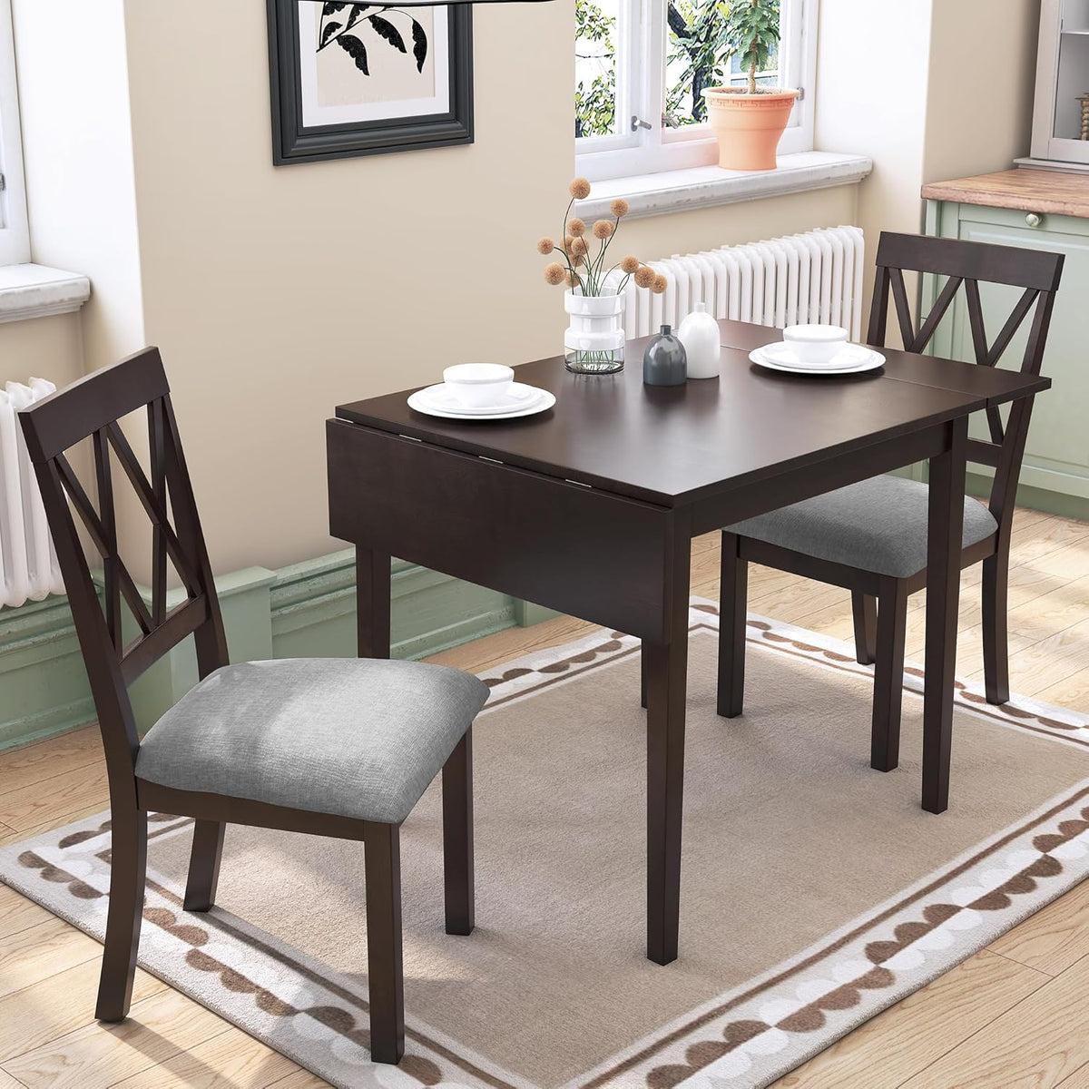 Merax Farmhouse Wooden Dining Set of 3, 45.6 inch Extendable Kitchen Table with Drop Leaf, 2 Chairs with Backrest for Small Space, Easy Assemble Espresso