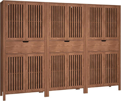 BVIUNTWO Set of 3 Farmhouse Tall Storage Cabinets, Wooden Kitchen Pantry Cupboards with Slatted Doors, Drawer & Adjustable Shelves for Kitchen, Dining & Living Room Storage, 68.8 Inch, Brown