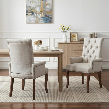 Farmhouse Upholstered Dining Chair Set of 2 with Arms & Nailhead Trim, Tufted Chenille Kitchen Chairs with Solid Wood Legs, Accent Chair for Dining Room, Living Room & Bedroom, Beige