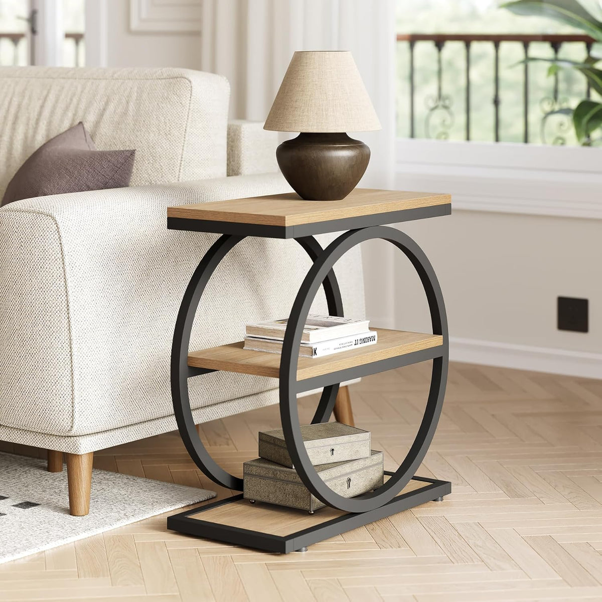 LITTLE TREE End Table Set 2, Side Table with 3-Tier Storage Shelves, Small Sofa Side Table for Living Room, Wooden Side End Table with Double Round Metal Legs, Slim Nightstand and Bedside Table, Oak