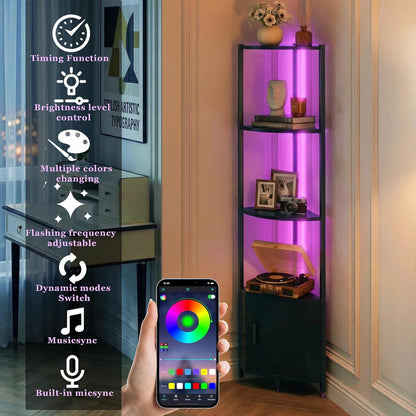 Corner Shelf with Storage, LED Lights 6-Tier Corner Bookshelf, 66'' Organizer Book Shelf Shelves Steel Frame Display Stand with Living Room, Bedroom, Study, Black