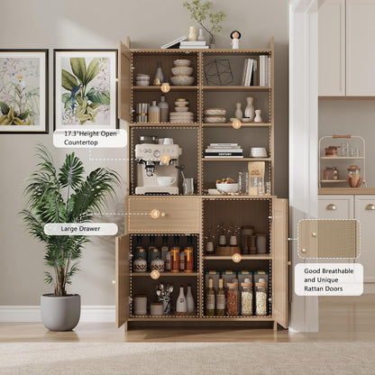 IDEALHOUSE Kitchen Pantry Cabinet with Adjustable Shelf, 71" Tall Storage Cabinet with Microwave Stand, Food Pantry Cabinets for Kitchen, Dining Room, Living Room, Natural