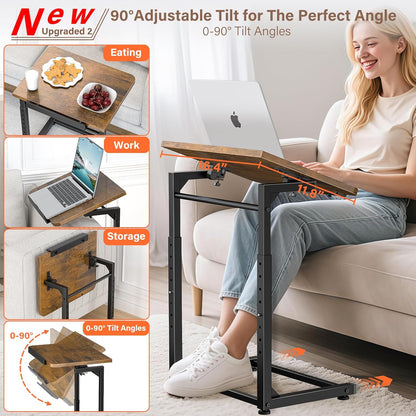 Tv Tray Table Set of 2, 8-Level Adjustable Height Couch Side Table，90° Tilt Angle Adjustments C-Shaped End Table, with Phone & Tablet Slot Sofa Computer Desk for Couch, Sofa, Bed, Chair, Living Room
