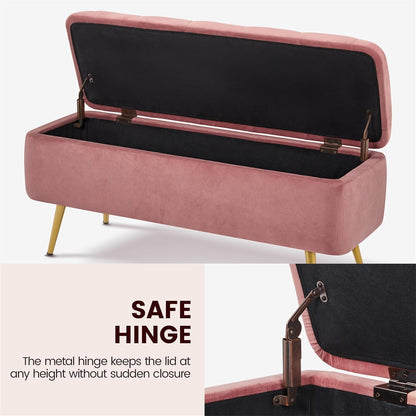Yaheetech 43in Velvet Storage Ottoman Bench for Bedroom End of Bed, Pink | Button-Tufted Ottoman with 1.9C Storage Space, Tapered Gold Metal Legs, Sized for Entryway Living Room Window Seat