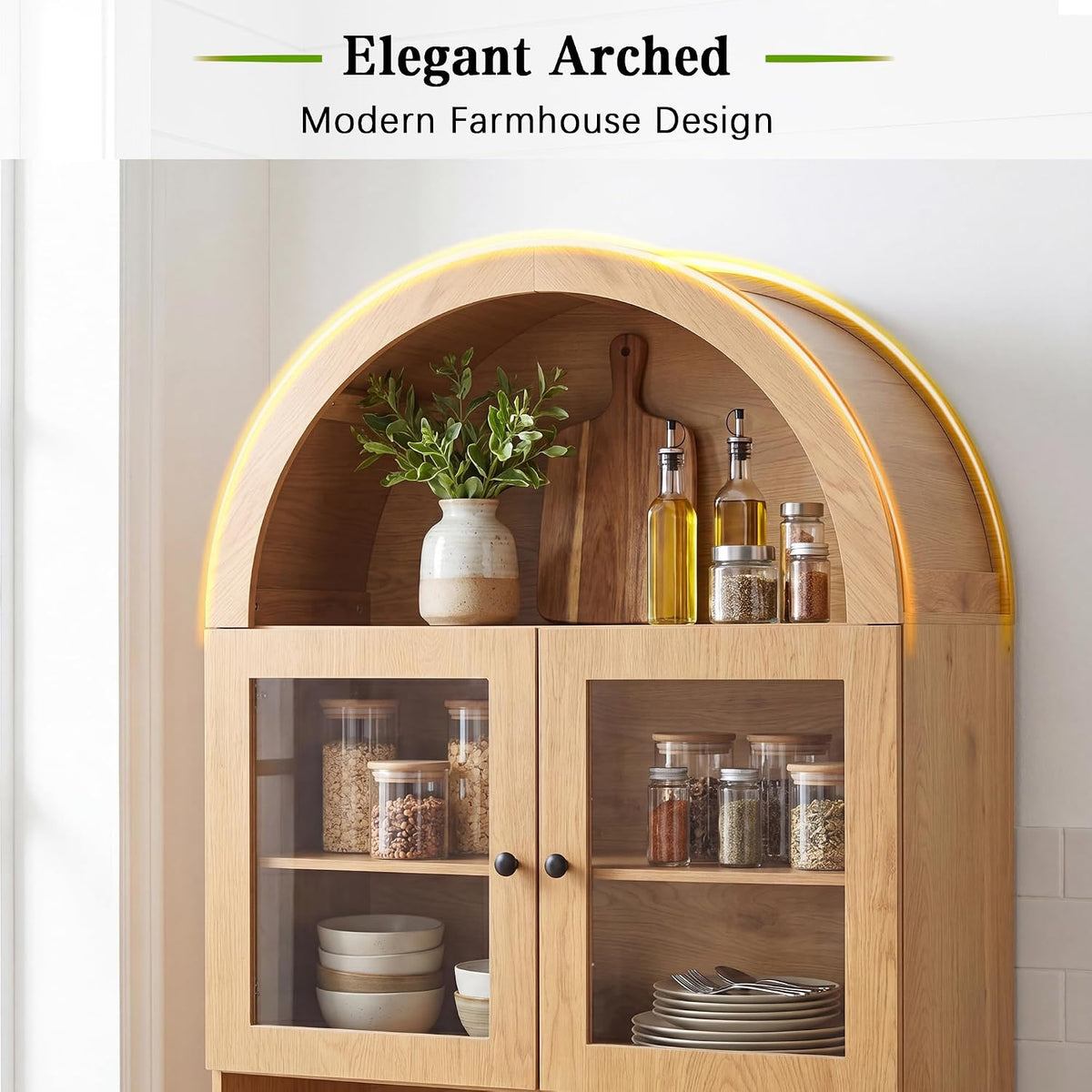 Merax 75'' Farmhouse Arched Kitchen Pantry with Charging Station | Kitchen Hutch with Adjustable Shelves, Open Countertop & Glass Holders, Versatile Cupboard for Dining Room Living Room