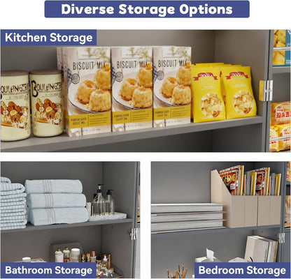 FJTJBSI 72" LED Kitchen Pantry Cabinet with 3 Drawers Farmhouse Tall Storage Cabinet Wood Food Pantry with Barn Doors and Adjustable Shelves Versatile Storage Freestanding Cupboard for Kitchen