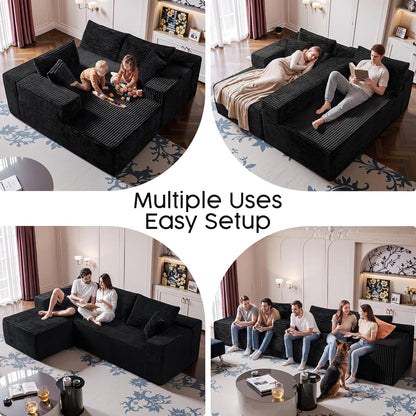108” Modular Sectional Sofa, Right Facing Chaise (Sitting: Chaise on Your Right), Black Corduroy Cloud Couch, Deep Seat 5-Seater, Converts to Bed, No Assembly Required for Living Room