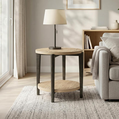Furniture of America Onos Modern Solid Wood 26.6-inch Round End Table with Open Bottom Shelf, Metal Legs for Living Room, Natural