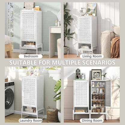 LEYNOT Small Bathroom Storage Cabinet,Metal Pantry Cabinet with Door and Adjustable Shelves,42.51x 16.53x13.77 Cupboard for Kitchen,Living Room,Entryway,Dining Room (Openwork X-Shaped, White)