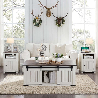 Farmhouse Night Stands Set of 2, 20" End Table w/Charging Station, Rustic Wood Bedside Table w/Groove Barn Door, Side Table with Storage w/Open & Adjustable Shelf for Bedroom, Living Room (White)