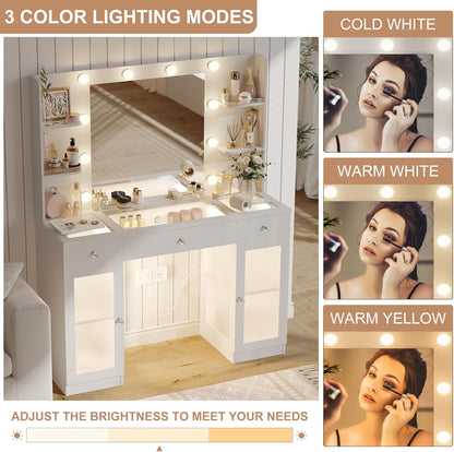 Makeup Vanity Glass Top, White Vanity Desk Tocador de Maquillaje para Mujer | 3-Color Hollywood Bulbs, 3 Drawers & 2 Lighted Cabinets with Adjustable Shelves, Built-In Power Outlet, Crystal Handles