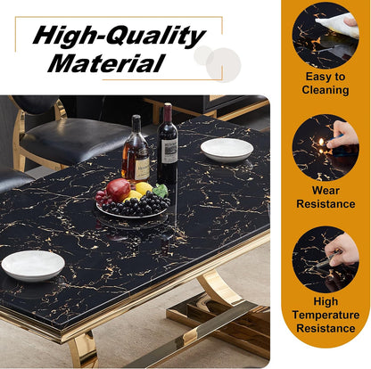 70" Marble Dining Table with Black Faux Marble Top and Gold O-Shape Stainless Steel Base, Modern Rectangular Kitchen Table for Living Room, Home Office, Easy to Clean
