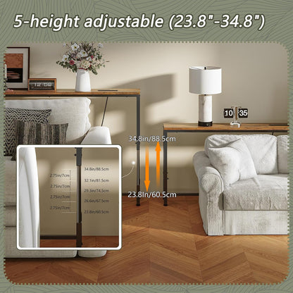 86.6" Behind Couch Table Adjustable Height 23.8~34.8" with Charging Station, 5.9" Narrow Console Table Skinny, Anti-Collision Pads, Anti-Tipping Kit for Living Room