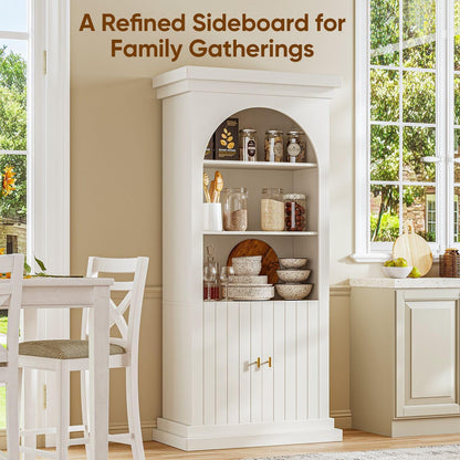71" Arched Kitchen Modern Pantry Storage Cabinet, Tall Display Cabinet for Dining Room and Living Room with 1 Glass Door and 1 Open Shelf Cabinet with Drawers, White with Gold Handles, 2 of Set