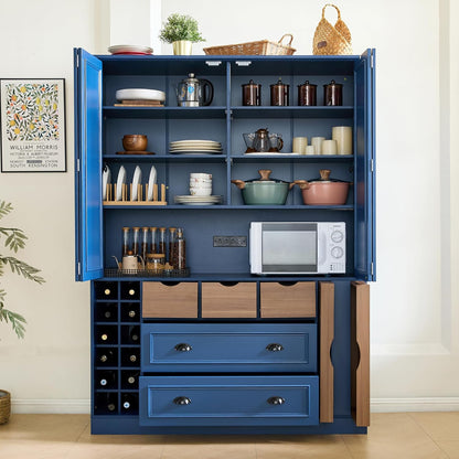 VilroCaz Farmhouse 71''H Wood Large Kitchen Pantry, 53.2''Lx17.7''W Dining Storage Cabinet Cupboard with 4 Foldable Doors, Power Outlet, Shelves, Wine Racks and Serving Trays (Blue-4 Fold)