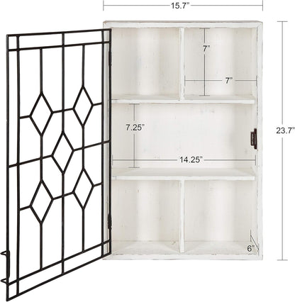 Kate and Laurel Megara Decorative Wooden Wall Hanging Curio Cabinet for Open Storage with Decorative Black Iron Door, Whitewash Finish