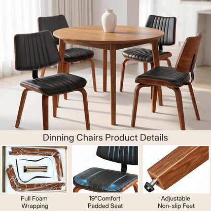 Mid Century Modern Dining Chairs Set of 4, Farmhouse Faux Leather Upholstered Curved Backrest Kitchen Chairs with Walnut Bentwood Frame for Kitchen, Makeup, Desk, Black